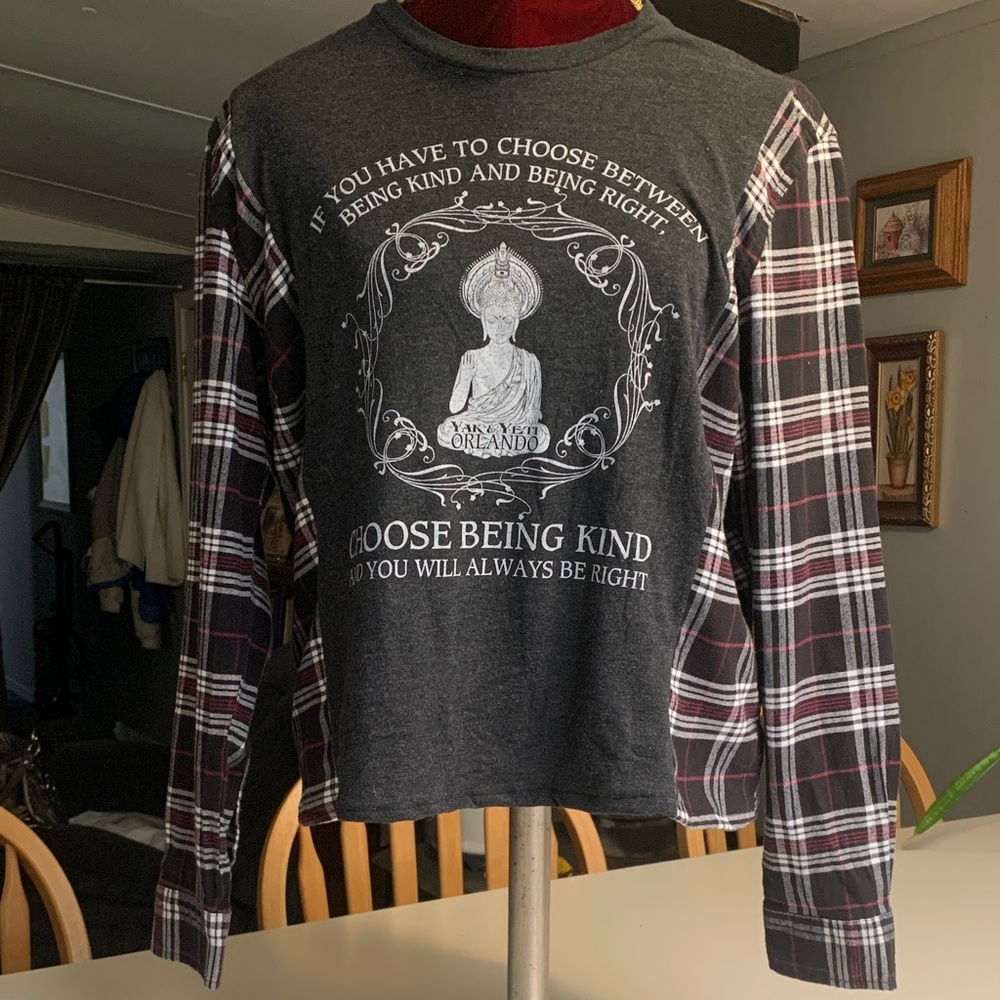 Upcycled Gray and Plaid Long Sleeve Graphic Shirt.